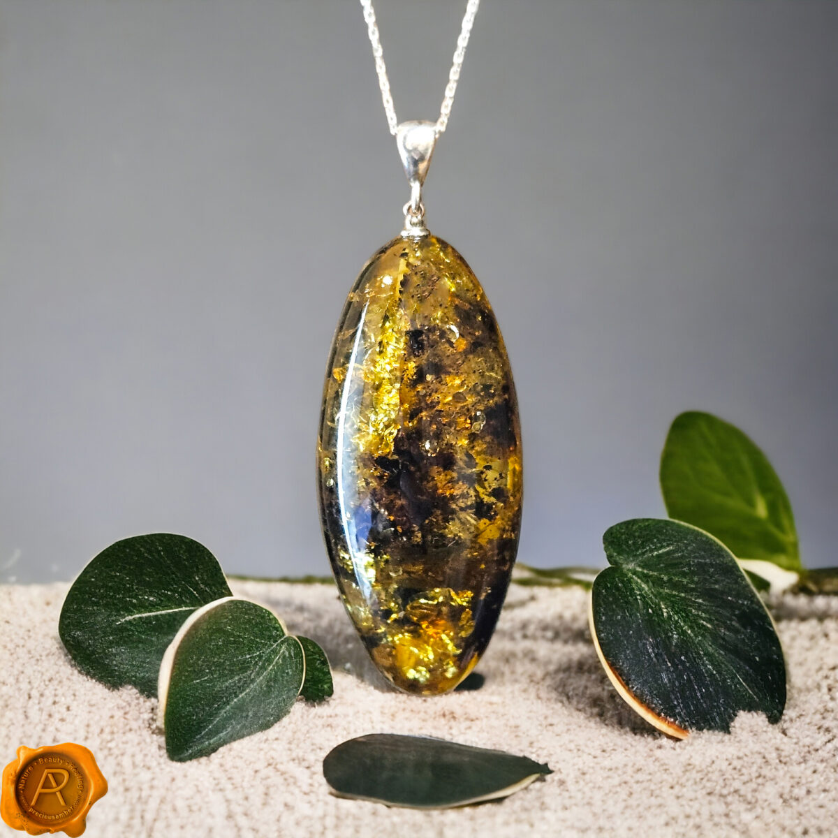 Massive-Large-Long-Chunky-Real-Green-Baltic-Amber-Gemstone-Teardrop-Drop-Sterling-Silver-Pendant-Necklace-Gift-for-Women Luxurious Green Amber Pendant - Image 1