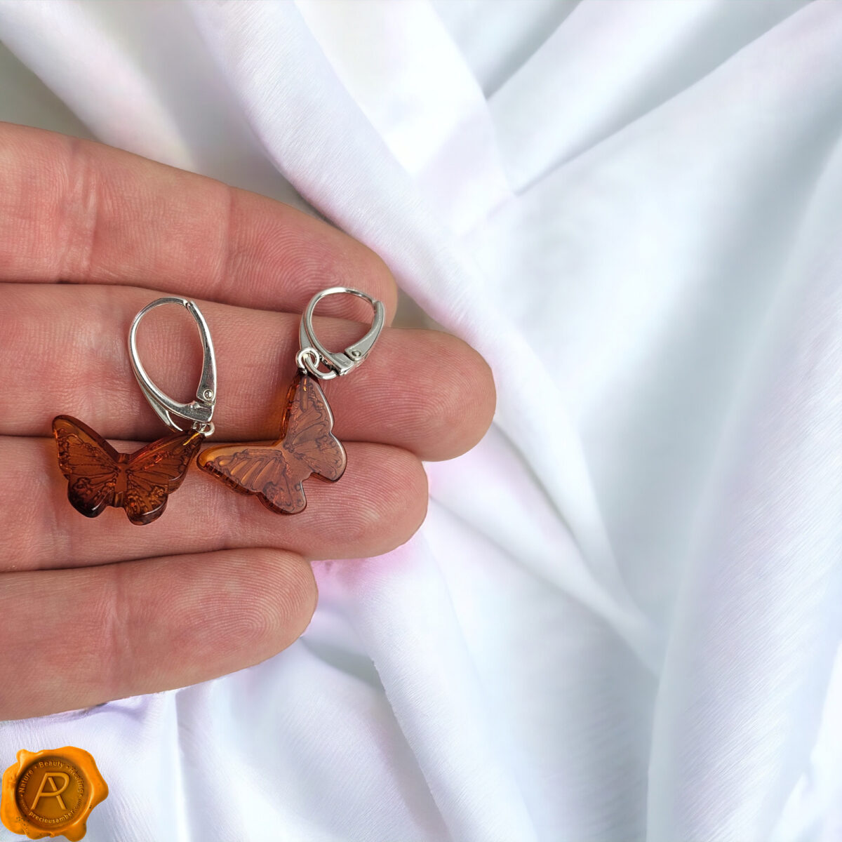 Carved Amber Dainty Butterfly Earrings - Image 6