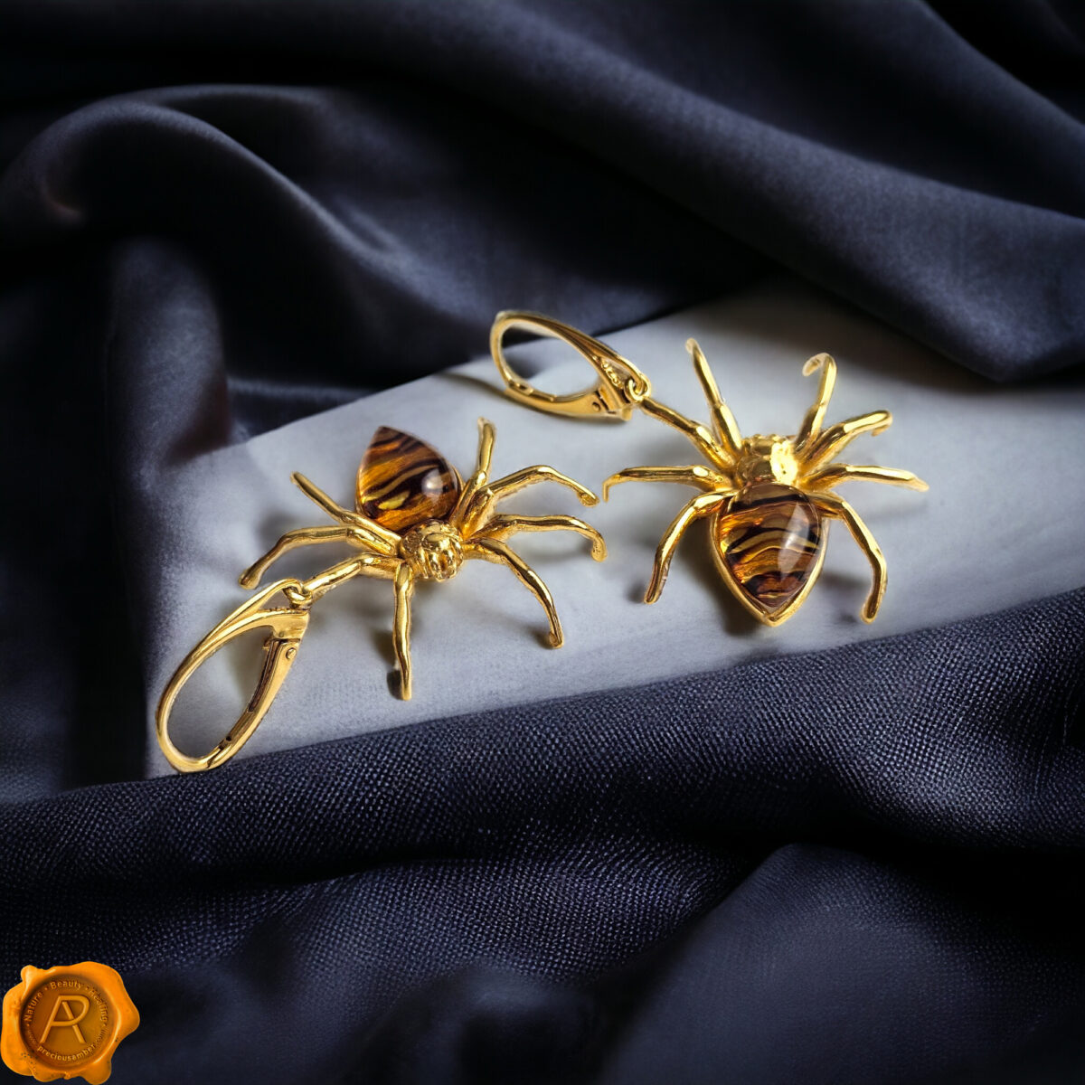 Gemstone Baltic Amber Silver Spider Earrings, Teardrop Spiders Lover Gifts, Sterling Silver Amber Large Drop Jewelry Women Men