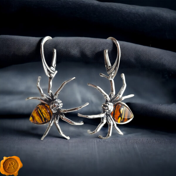 Carved Amber Silver Spider Earrings