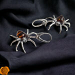 Carved Amber Silver Spider Earrings - Image 2