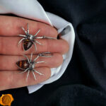 Carved Amber Silver Spider Earrings - Image 3