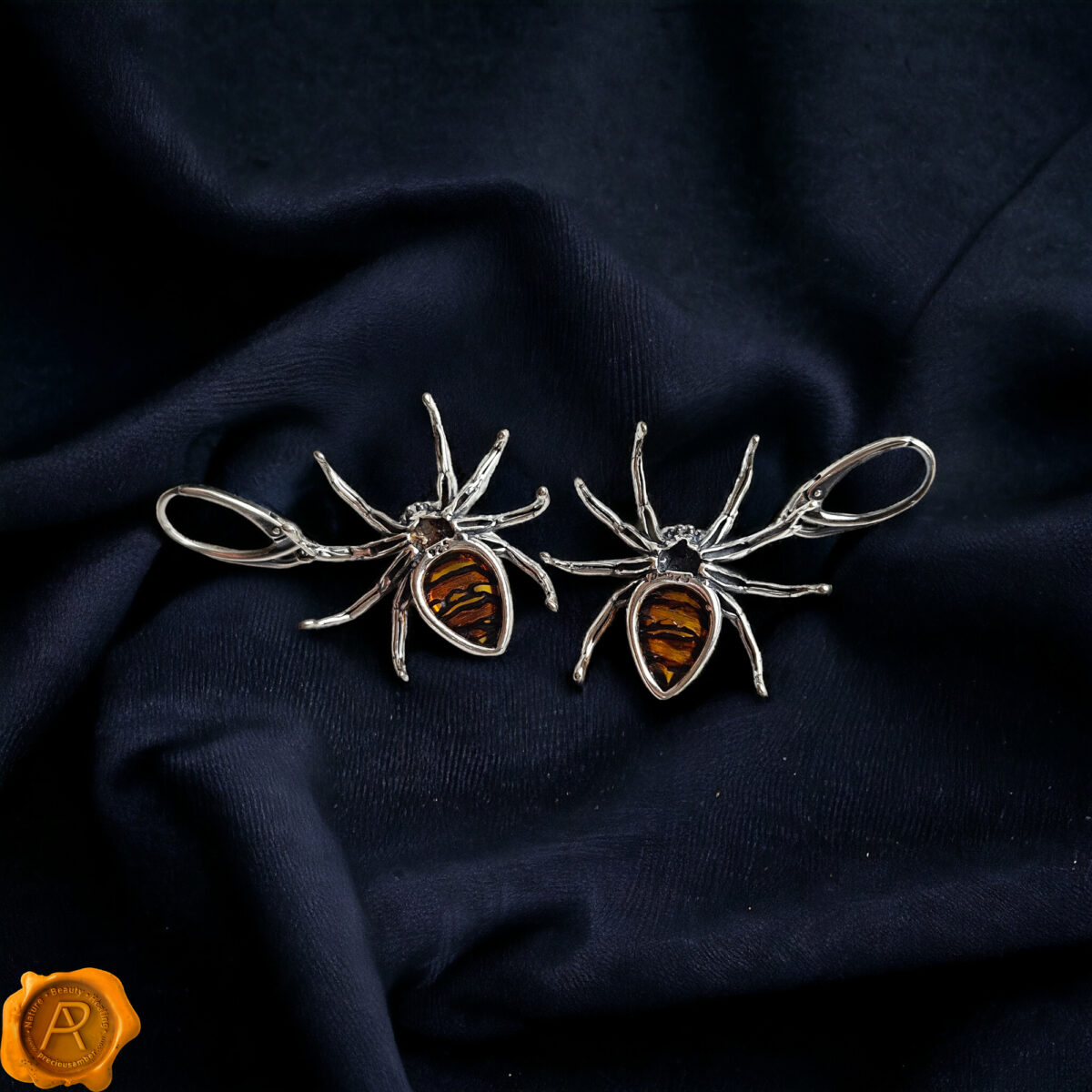Carved Amber Silver Spider Earrings - Image 4