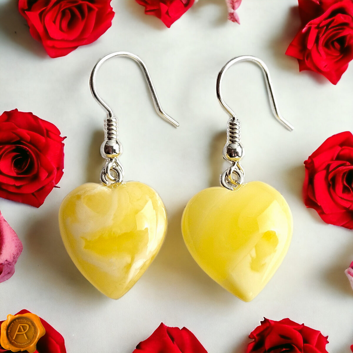 White Amber Heart Earrings - Image 2