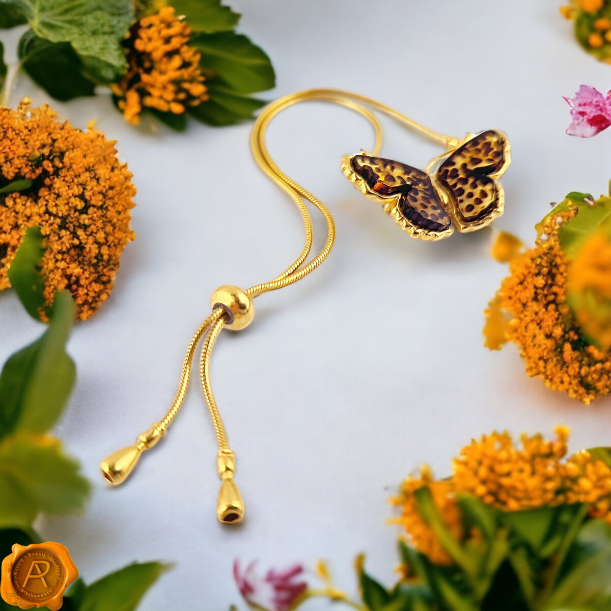Carved Amber Gold Butterfly Tie Bracelet - Image 3
