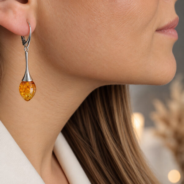 Natural Baltic Amber Sterling Silver Teardrop Long Dangle Earrings