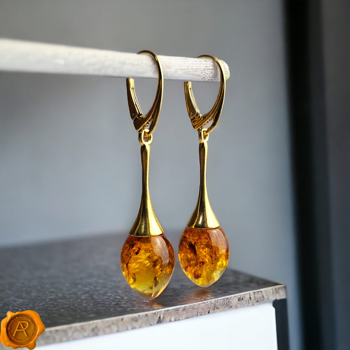 Amber Teardrop Gold Earrings - Image 3
