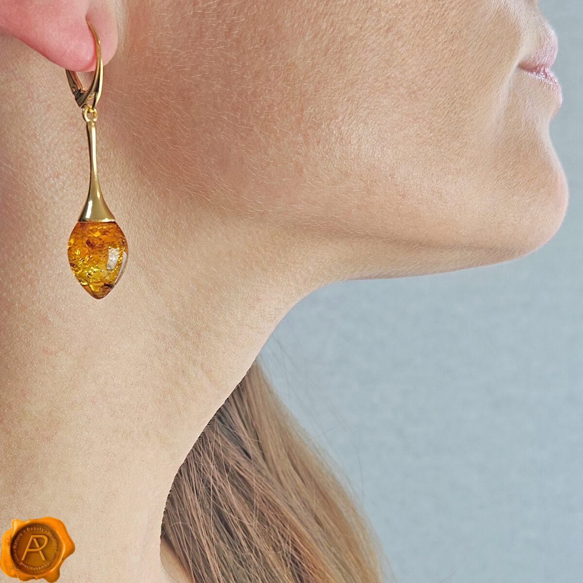 Amber Teardrop Gold Earrings - Image 2