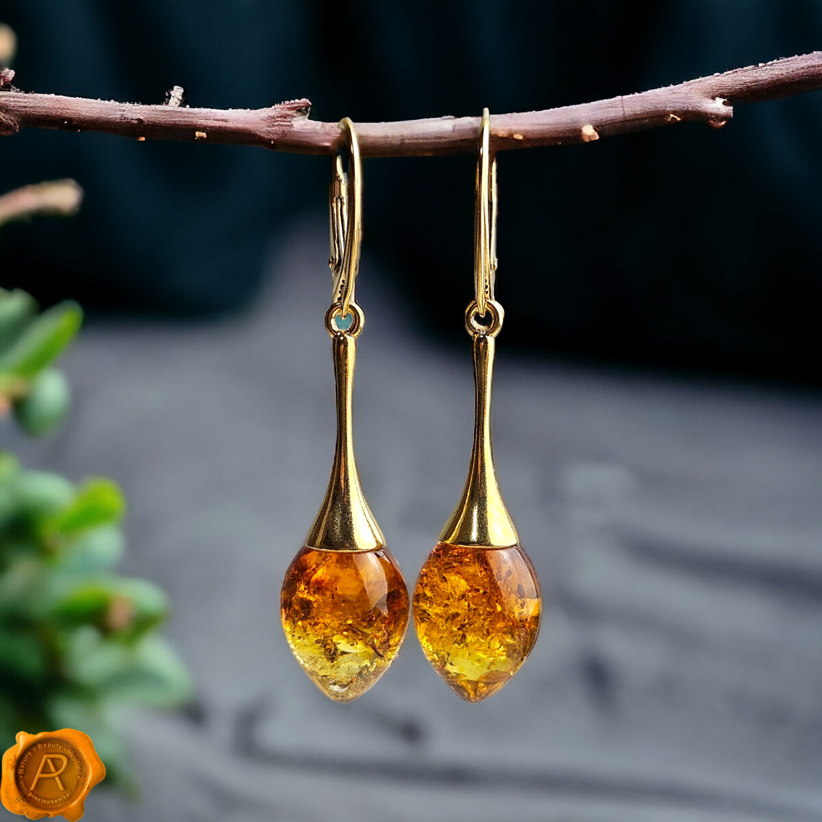 Amber Teardrop Gold Earrings - Image 1