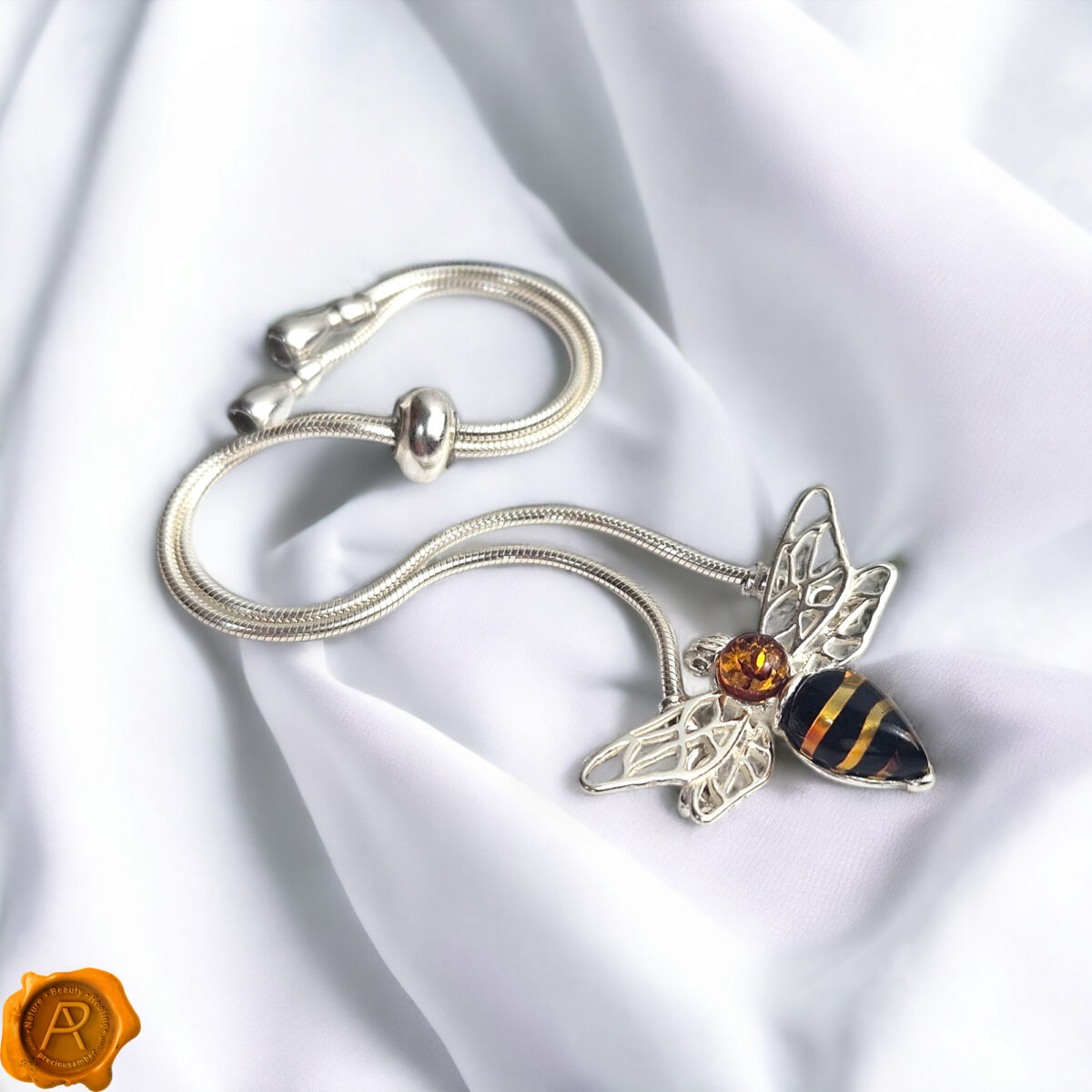 Small-Adjustable-Baltic-Amber-Sterling-Silver-Bee-Gemstone-Tie-Dainty-Bracelet-Bees-Lover-Jewellery-Gift- Amber Bee Silver Tie Bracelet - Image 4