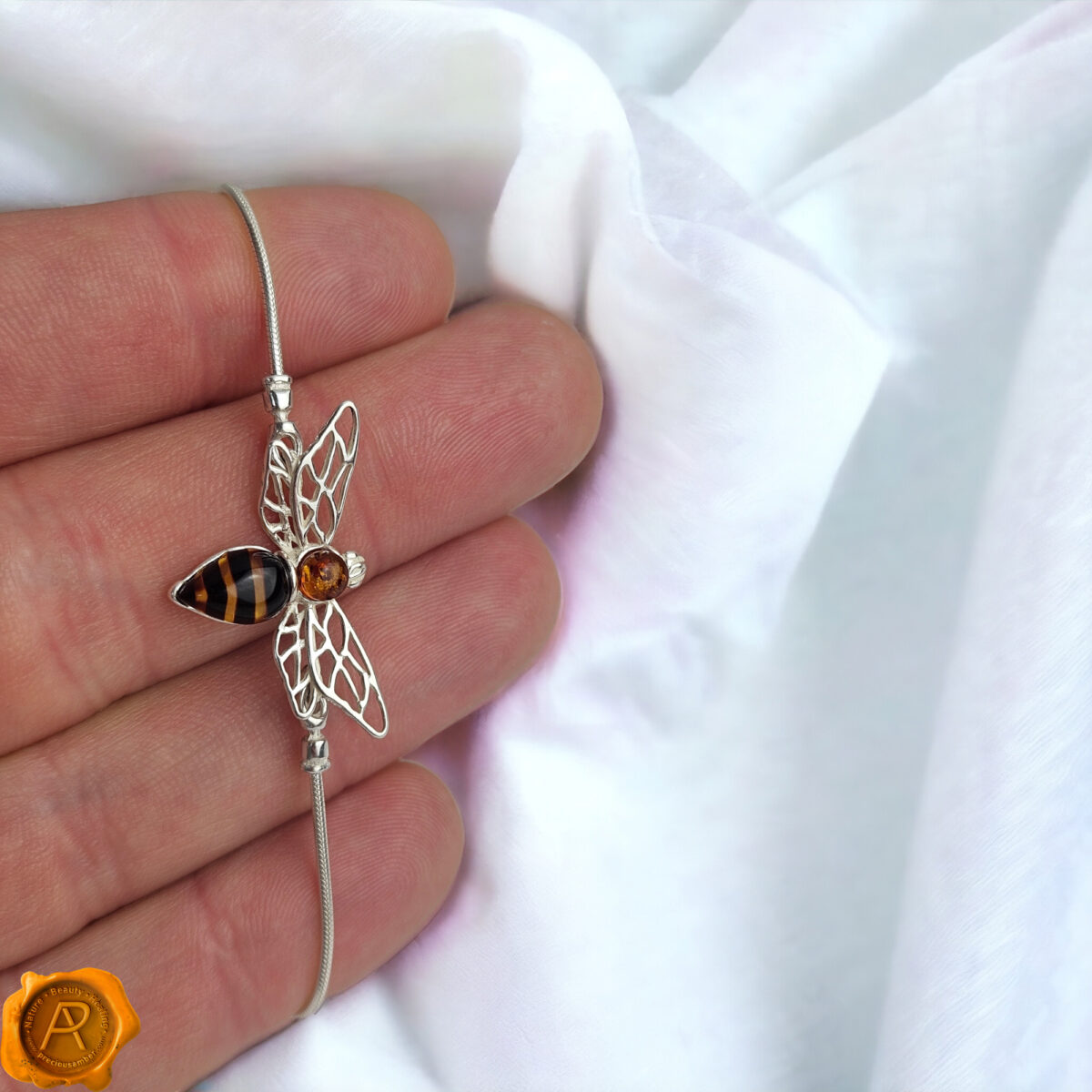 Small-Adjustable-Baltic-Amber-Sterling-Silver-Bee-Gemstone-Tie-Dainty-Bracelet-Jewelry-Gift-for-Women Amber Bee Silver Tie Bracelet - Image 2