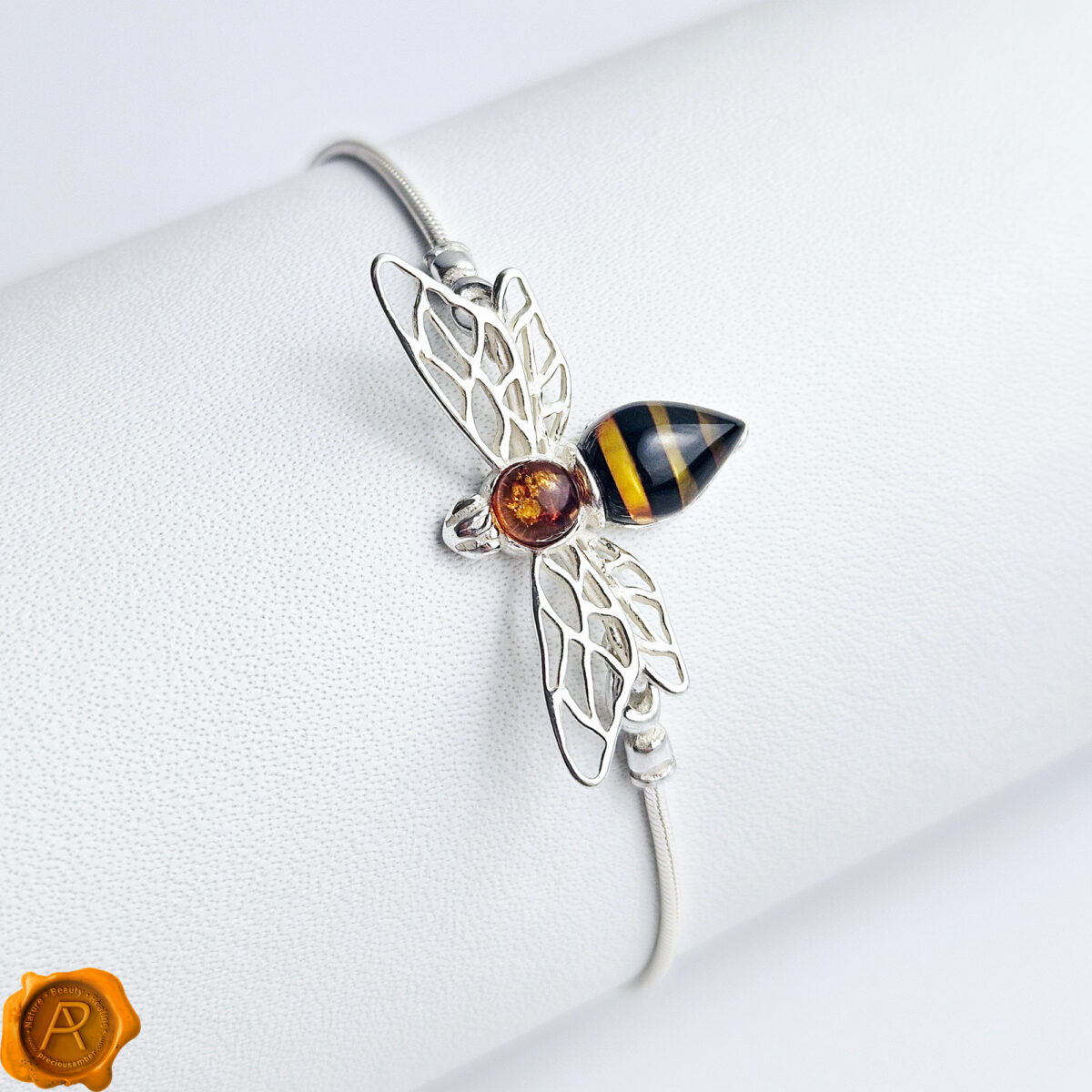 Tie-Adjustable-Real-Baltic-Amber-Sterling-Silver-Bee-Gemstone-Dainty-Bracelet-Jewelry-Gift-Women-Uk-Ireland Amber Bee Silver Tie Bracelet - Image 1