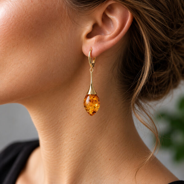 ELEGANT Natural Honey Baltic Amber Gold Earrings Jewelry Gift for Women, Classic Large Teardrop Long Drop Dangle Gemstone Crystal Earrings