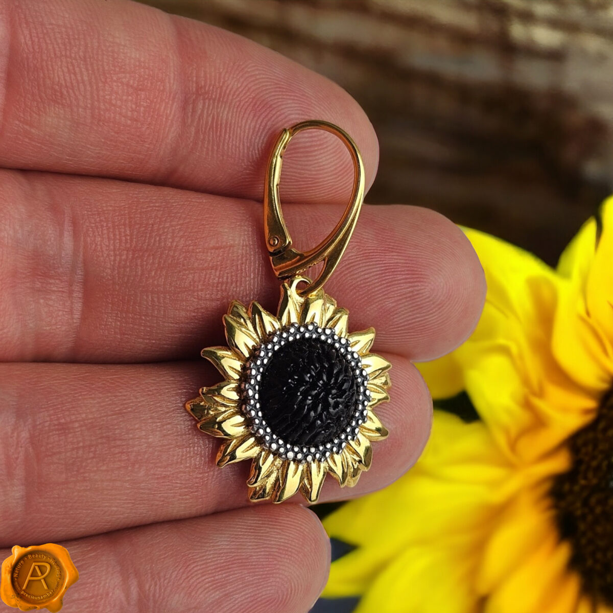 18k-Gold-Sunflower-Earrings-Baltic-Amber-Gemstone-Teardrop-Summer-Spring-Silver-Jewellery-Gift-Women-UK-Ireland Amber Sunflower Gold Earrings - Image 5