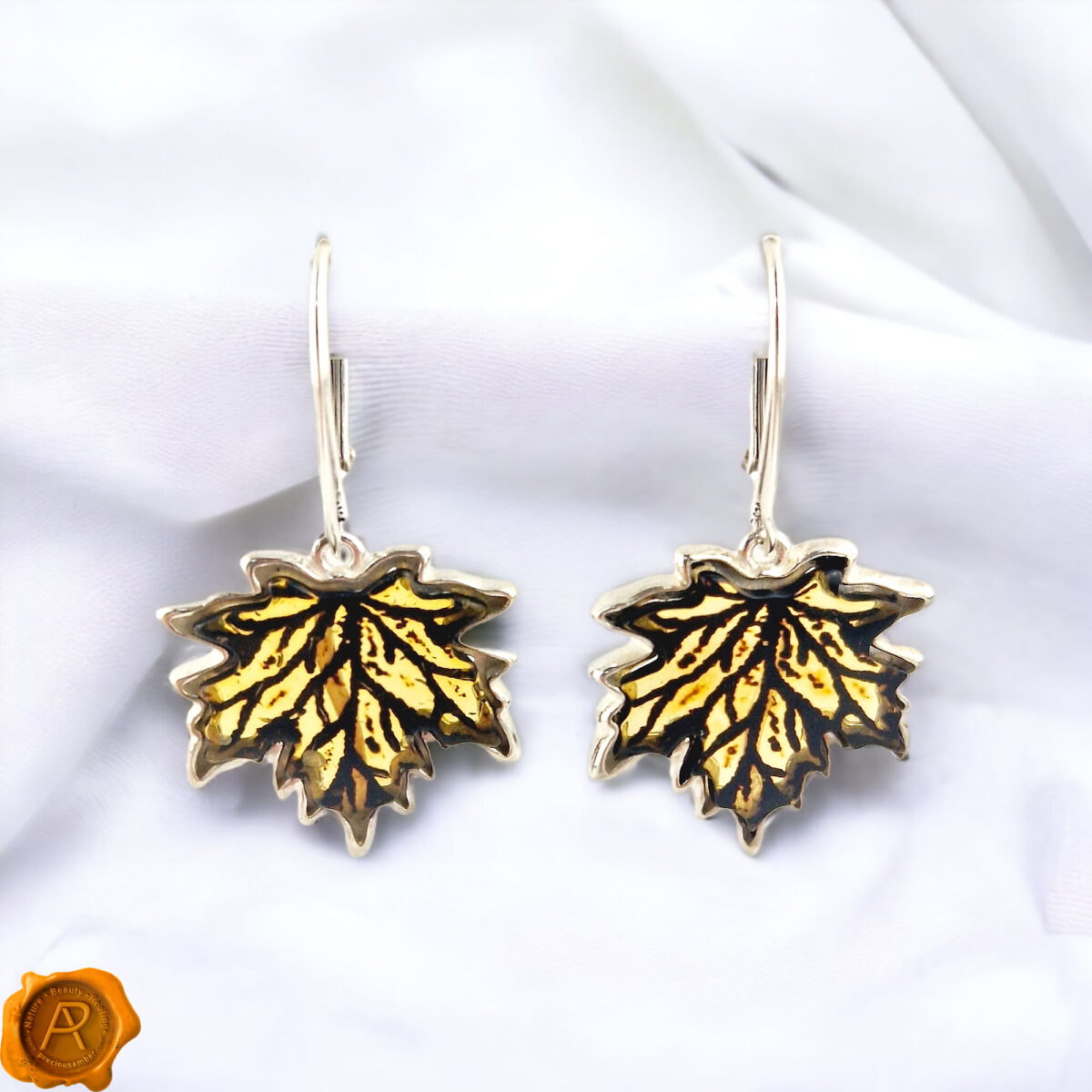 Carved Amber Maple Leaf Silver Earrings - Image 3
