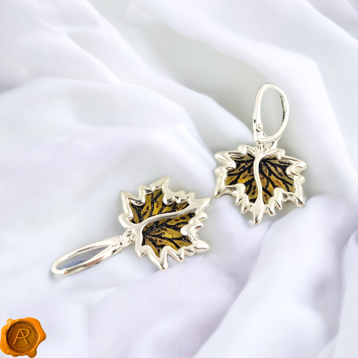 Carved Amber Maple Leaf Silver Earrings - Image 5