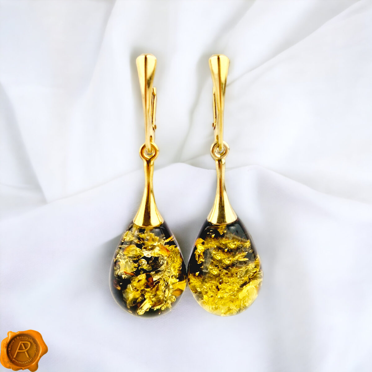 Luxurious Green Amber Gold Earrings - Image 1