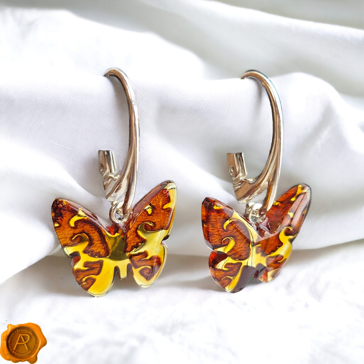 Carved Amber Dainty Butterfly Earrings - Image 3