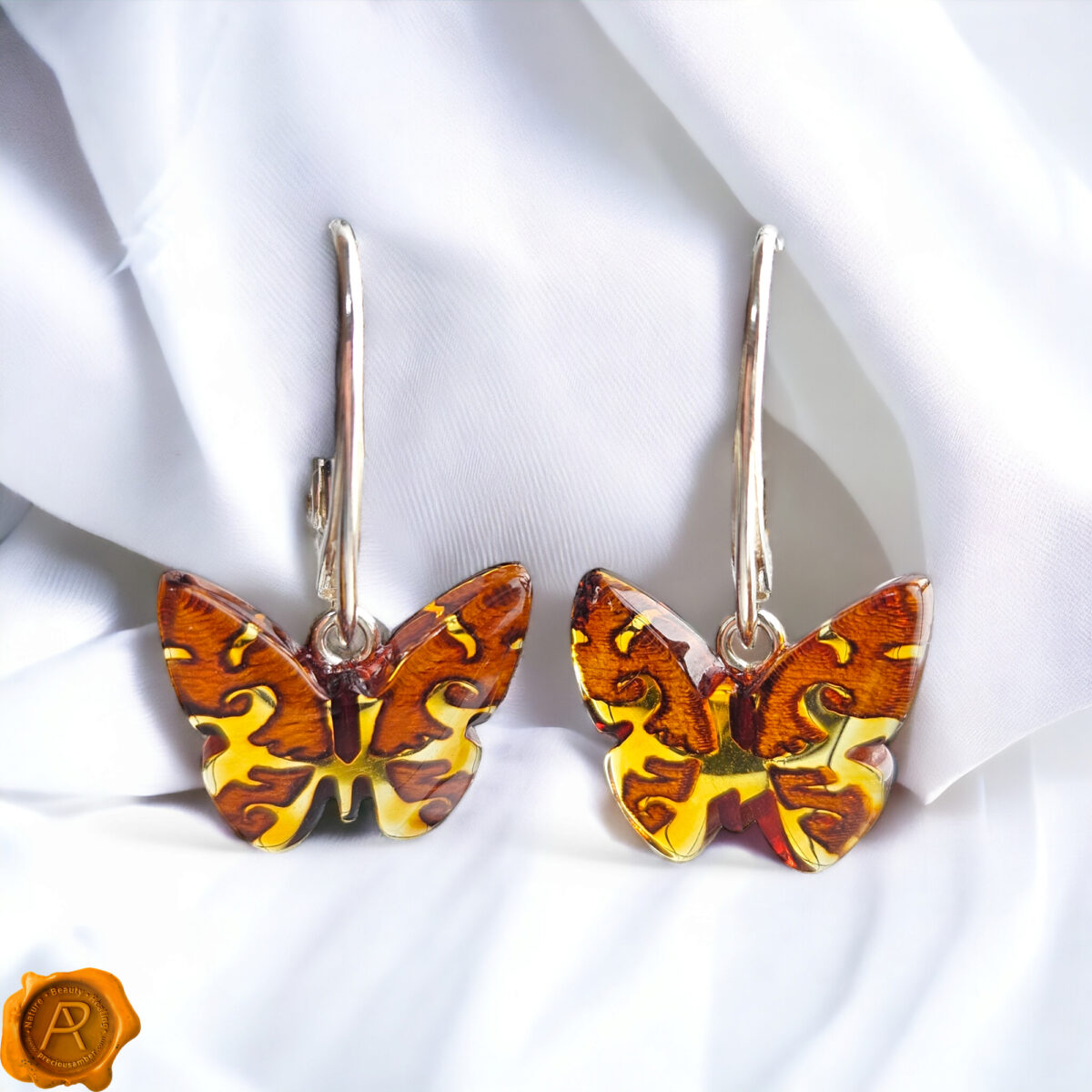Carved Amber Dainty Butterfly Earrings - Image 1