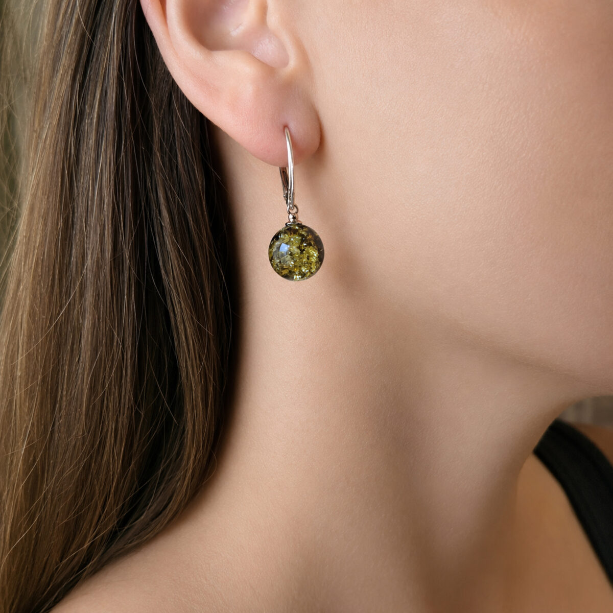 Dainty Green Baltic Amber Drop Round Teardrop Earrings Women, Natural Gemstone Earthy Small Amber Ball Jewellery