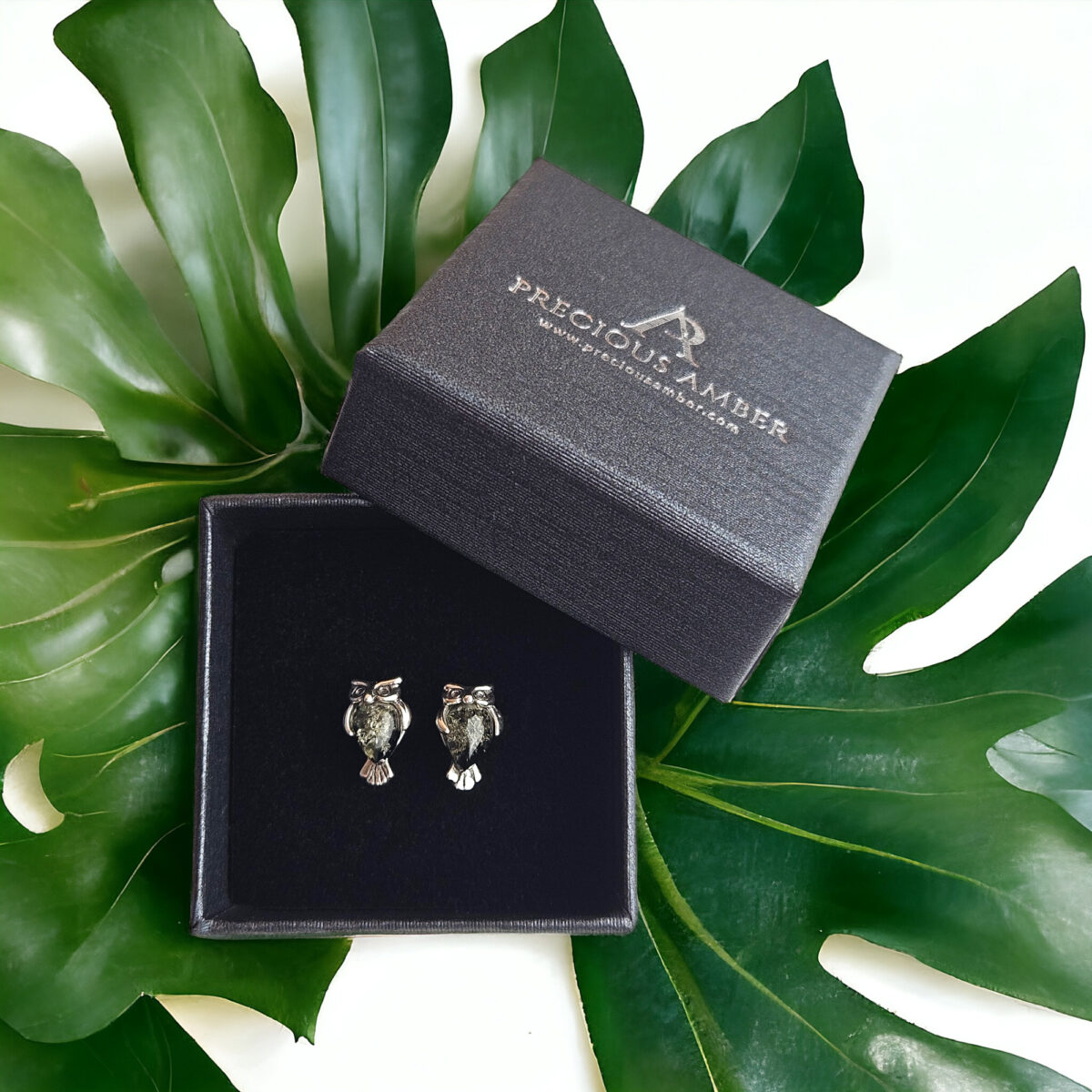 Green Amber Owl Stud Earrings - Image 5
