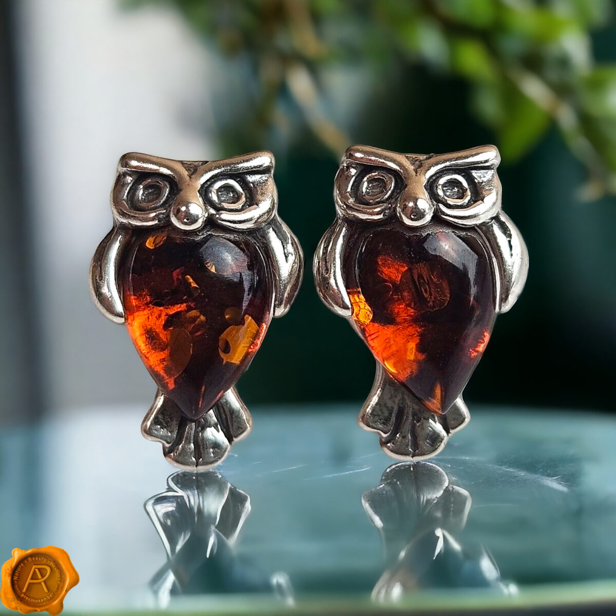 Amber Owl Silver Stud Earrings - Image 1