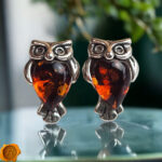 Amber Owl Silver Stud Earrings