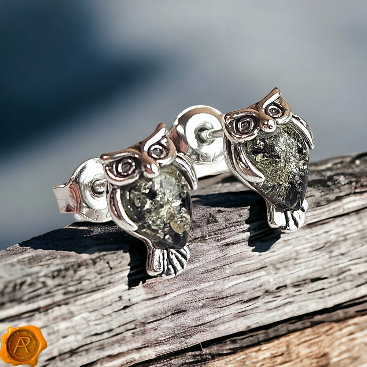 Green Amber Owl Stud Earrings - Image 2