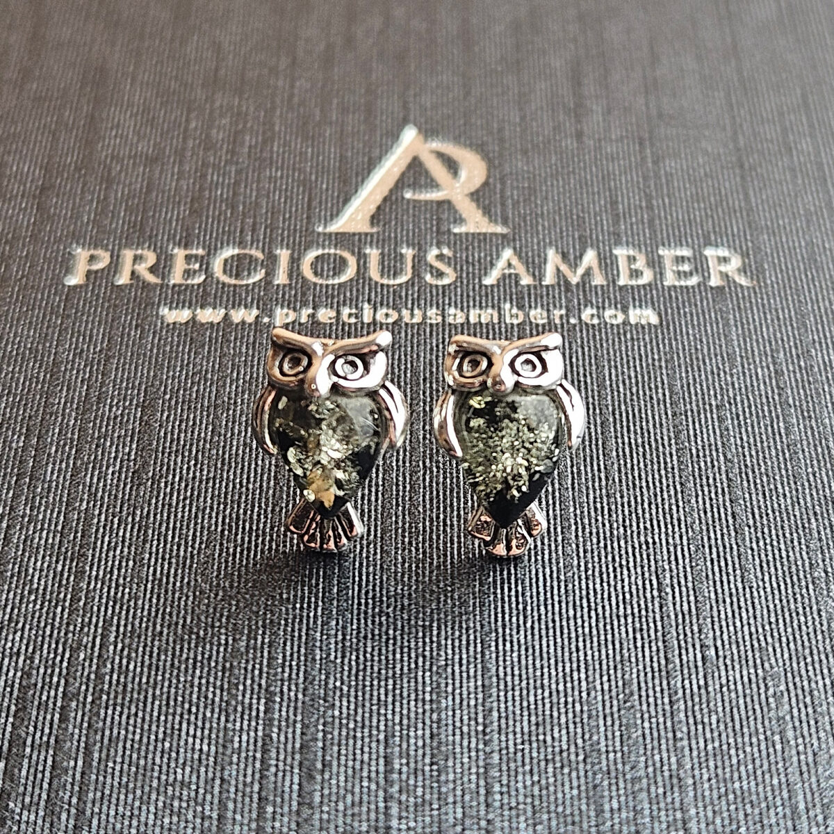Green Amber Owl Stud Earrings - Image 4