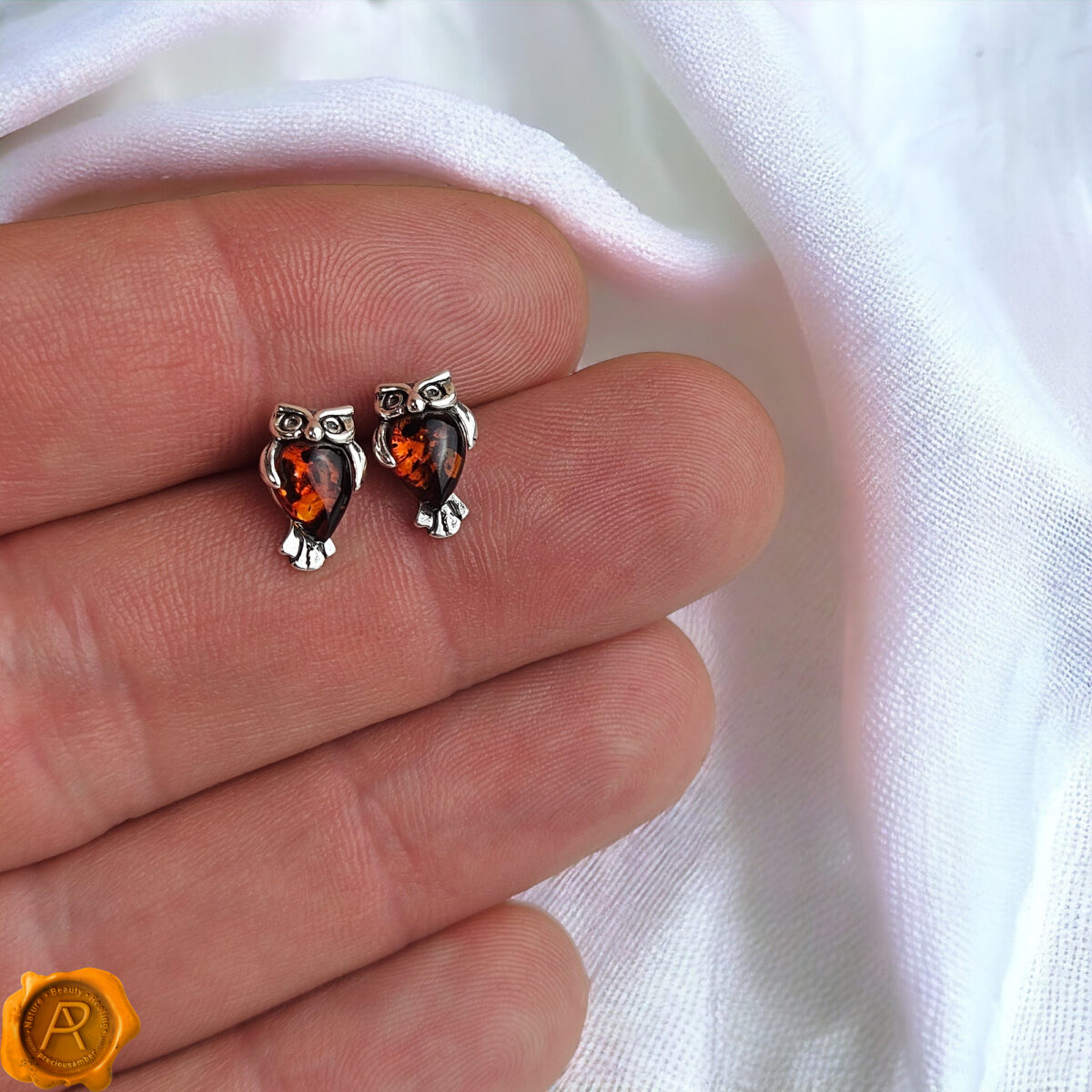 Amber Owl Silver Stud Earrings - Image 3