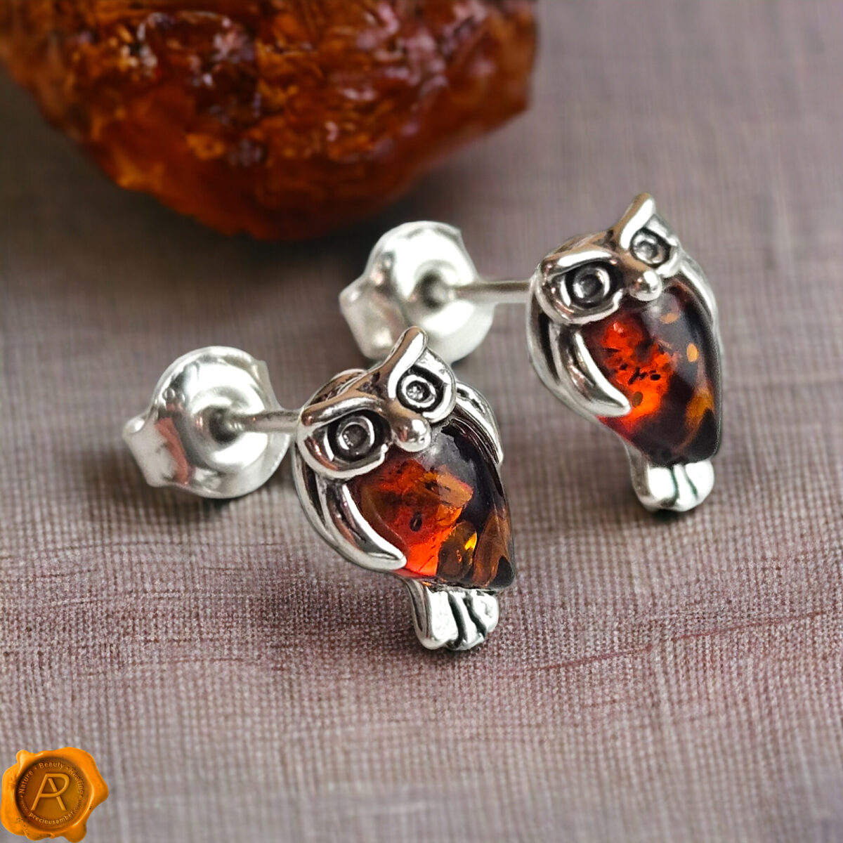 Amber Owl Silver Stud Earrings - Image 2