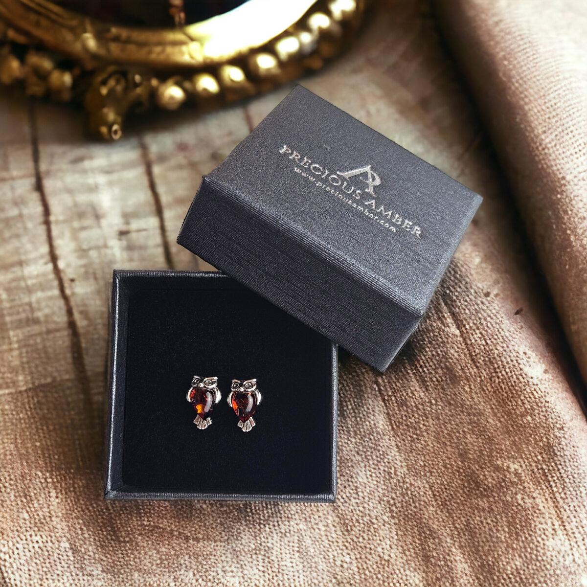 Amber Owl Silver Stud Earrings - Image 5