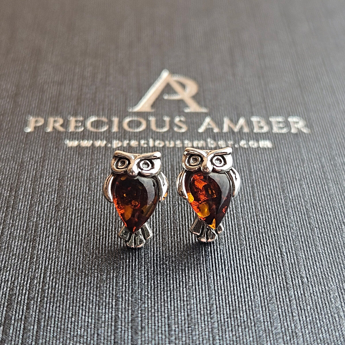 Amber Owl Silver Stud Earrings - Image 4
