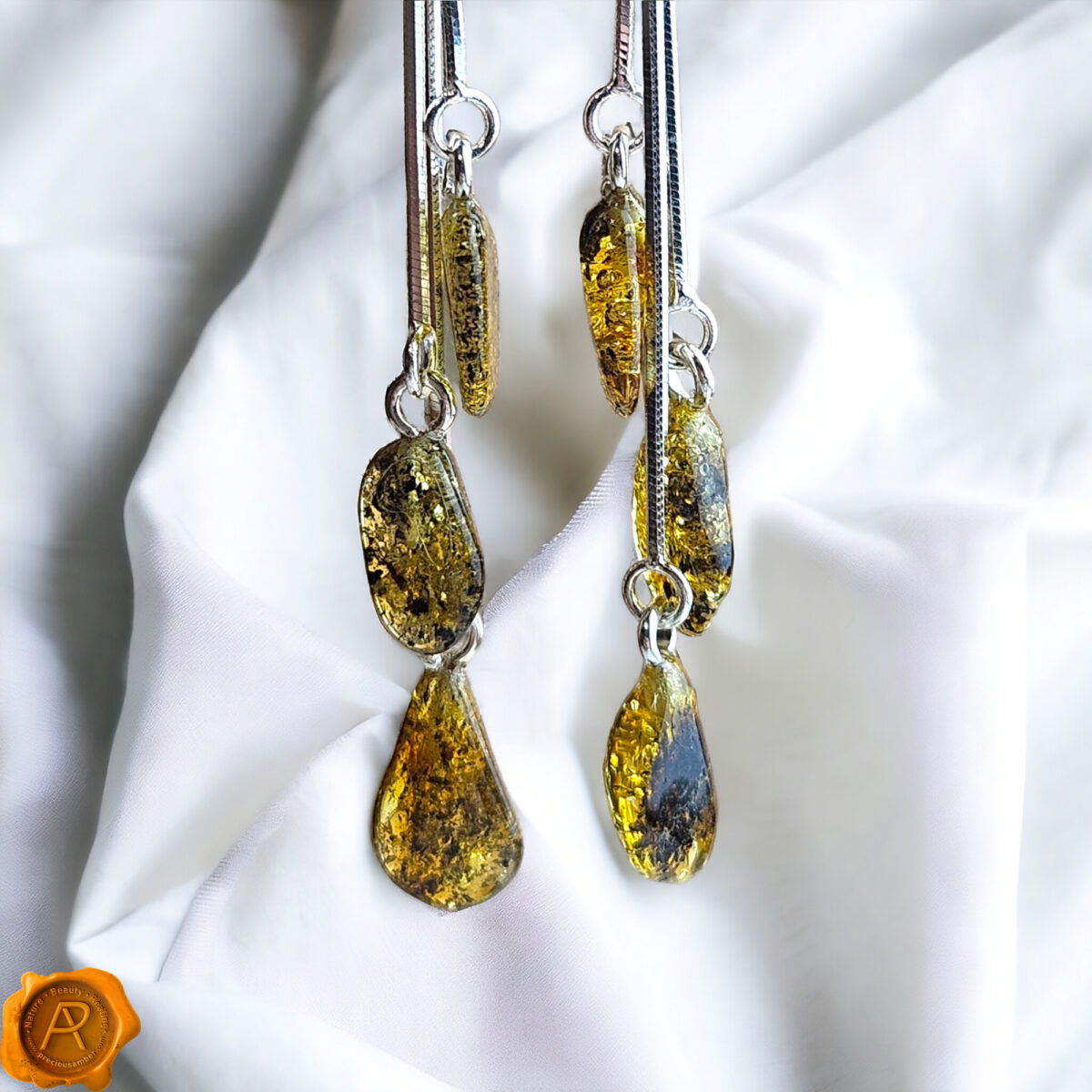 Green Amber Free-Form Swing Earrings - Image 2