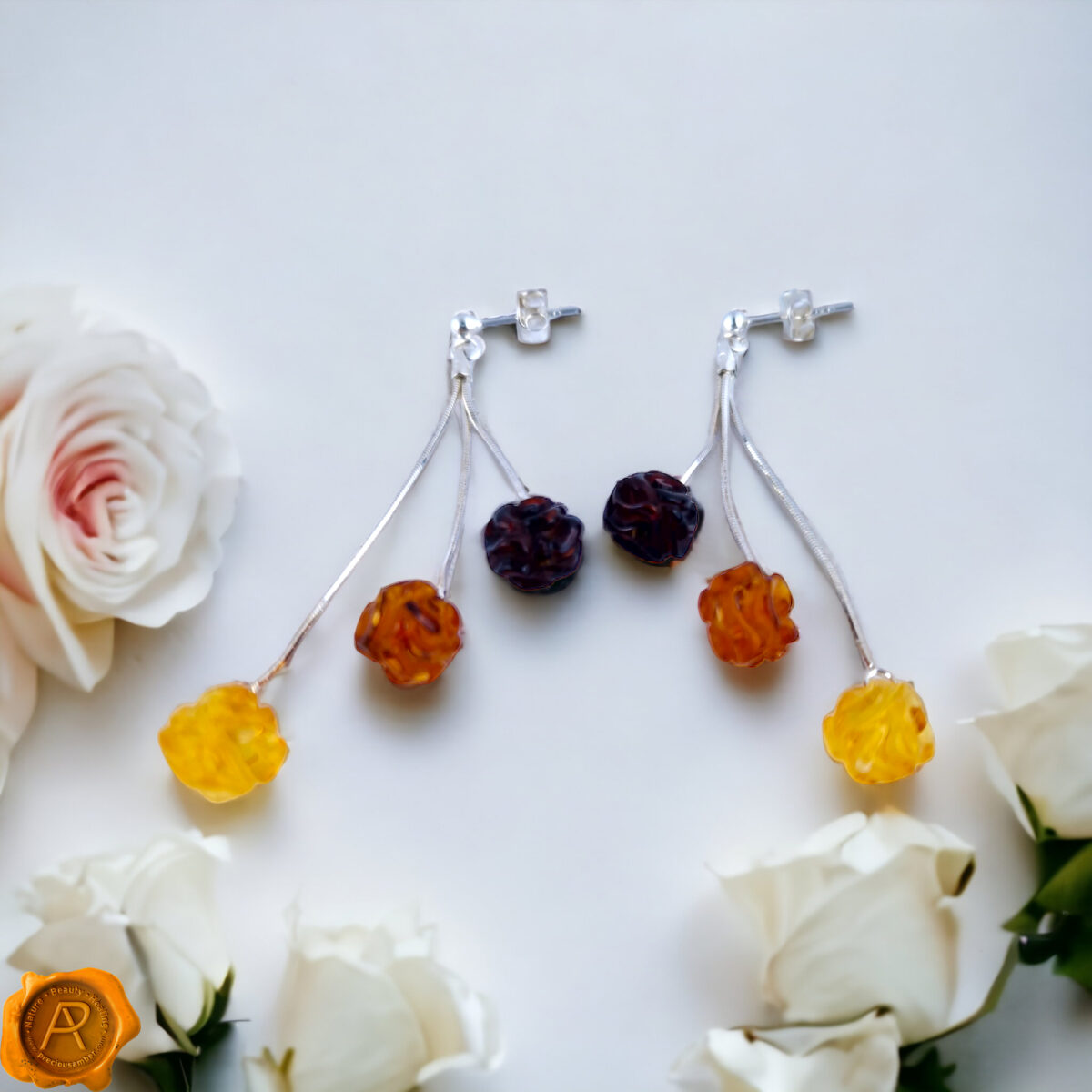 Carved Amber Rose Swing Earrings - Image 3