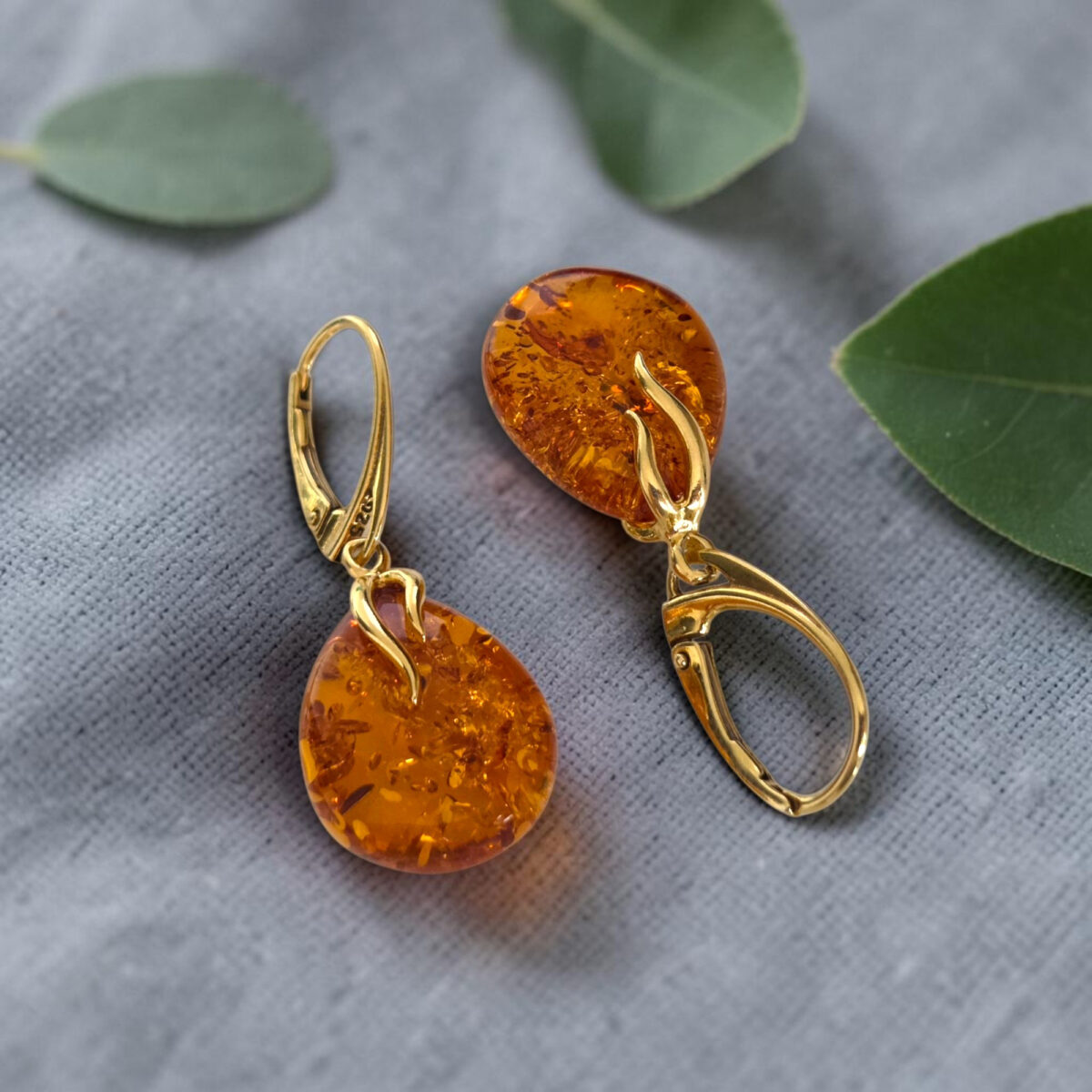 Honey Amber Teardrop Gold Earrings - Image 5