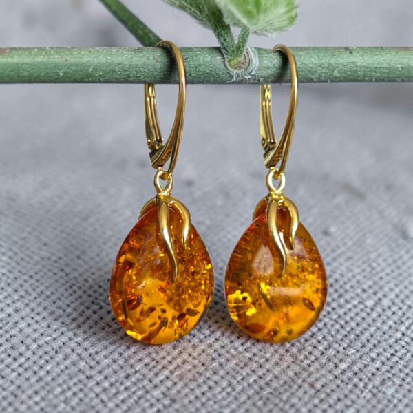 Natural Honey Baltic Amber Gold Teardrop Drop Earrings for Women, Small Classic Short Dangle Gemstone Crystal Earrings