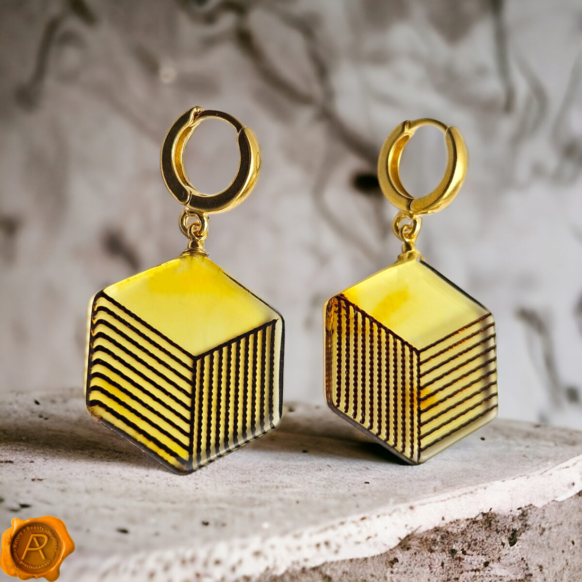 Geometric-Large-Baltic-Amber-Gemstone-Earrings-Gold-Drop-Dangle-Sterling-Silver-Jewellery-Gift-for-Women-UK-Ireland 4D Geometric Honey Amber Gold Earrings - Image 1