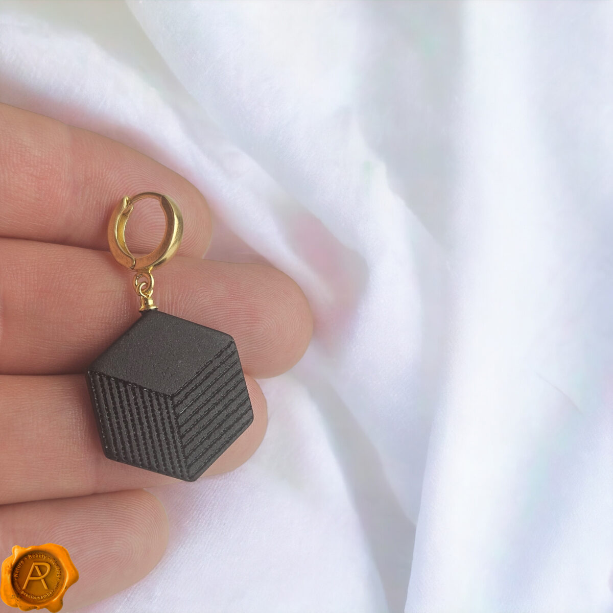 4D Geometric Cherry Amber Gold Earrings - Image 4