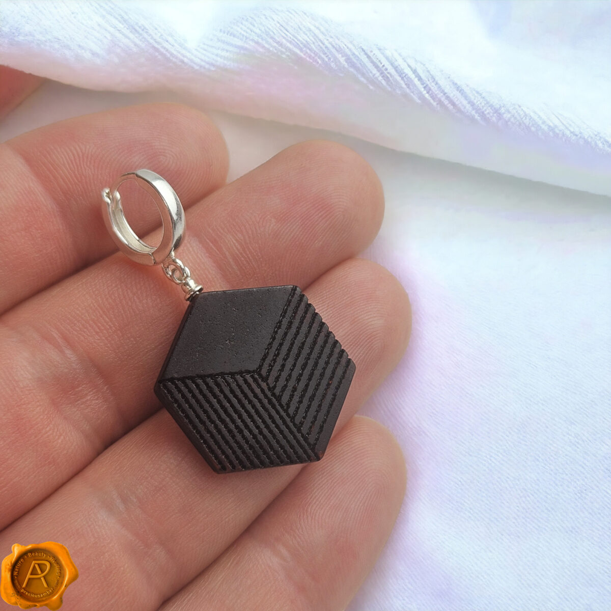 4D Geometric Cherry Amber Silver Earrings - Image 2