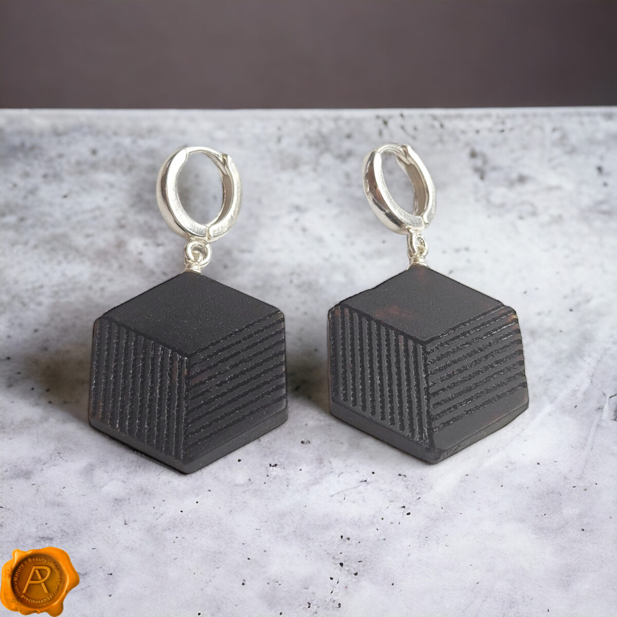 4D Geometric Cherry Amber Silver Earrings - Image 3