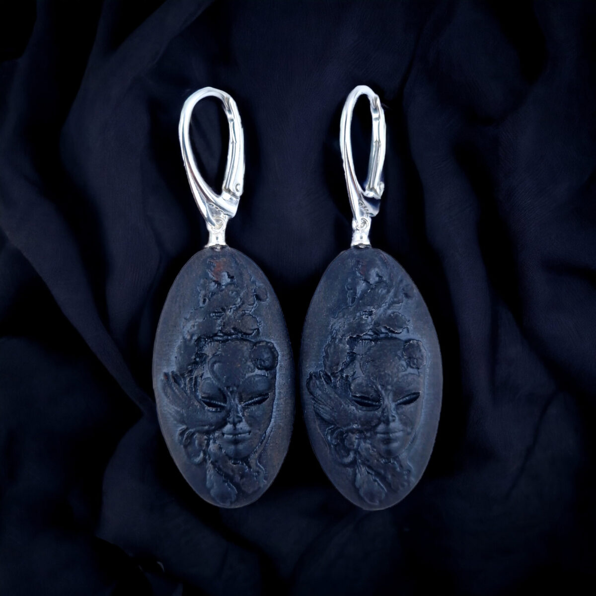 Gothic-Black-Cherry-Sterling-Silver-Baltic-Amber-Beads-Mask-Face-Dublin-Gemstone-Long-Chunky-Large-Teardrop-Drop-Dangle-Earrings-Jewellery-Gift-for-Women-UK-Ireland Carved Cherry Amber Earrings "Venice" - Image 7