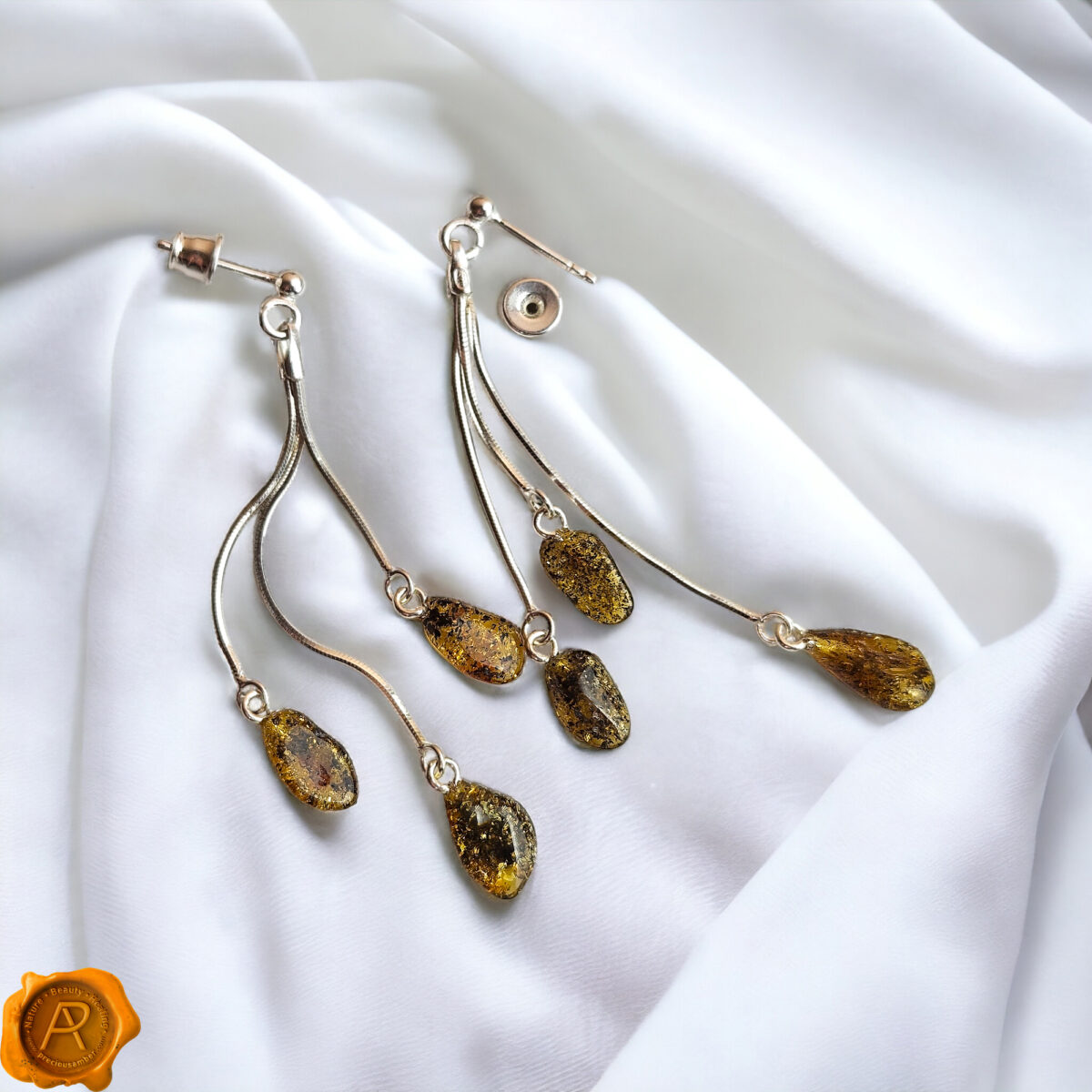 Green Amber Free-Form Swing Earrings - Image 4
