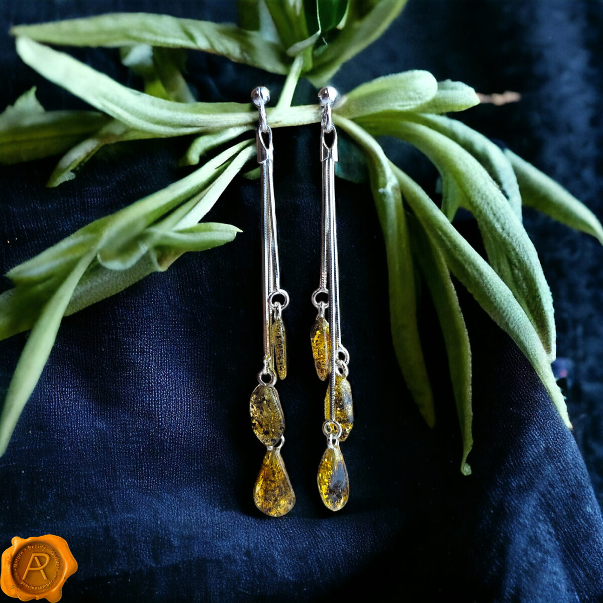 Green Amber Free-Form Swing Earrings - Image 1