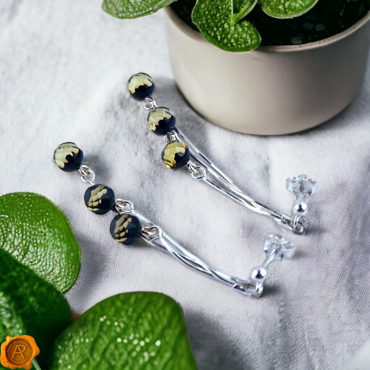 Green Faceted Amber Swing Earrings - Image 3
