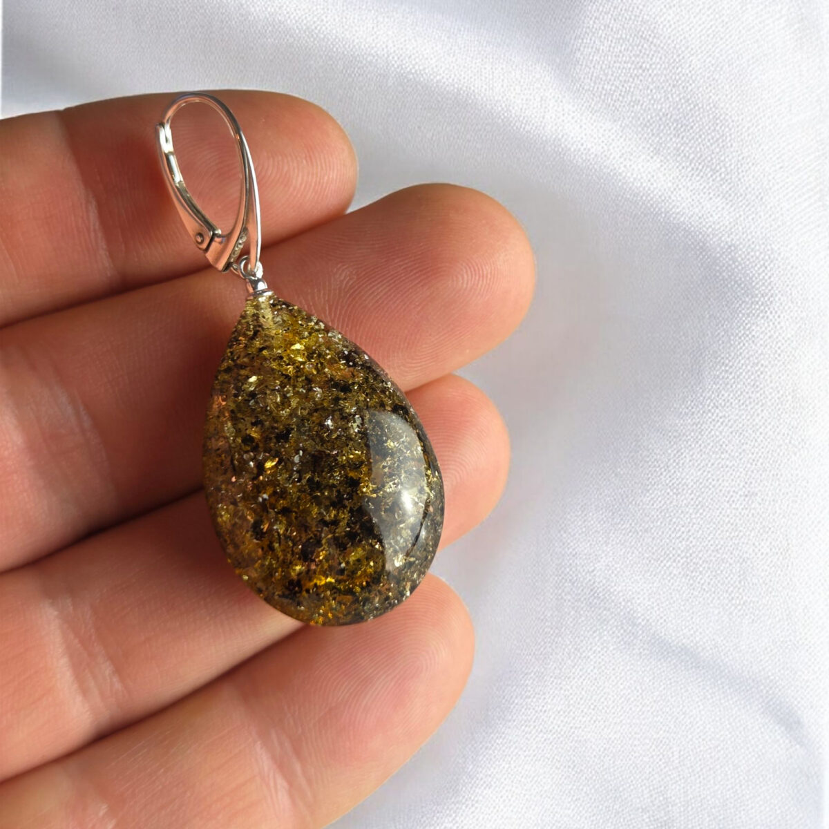 Green Amber Teardrop Silver Earrings - Image 5