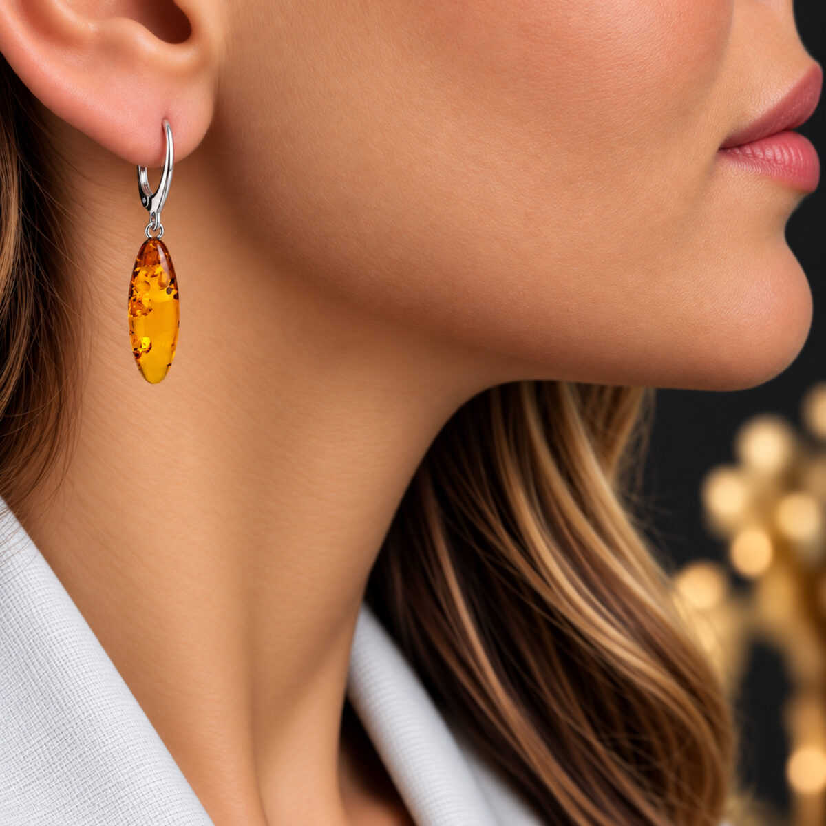 Everyday Real Baltic Amber Earrings Silver, Small Teardrop Large Gemstone Long Honey Drop Classic Jewellery