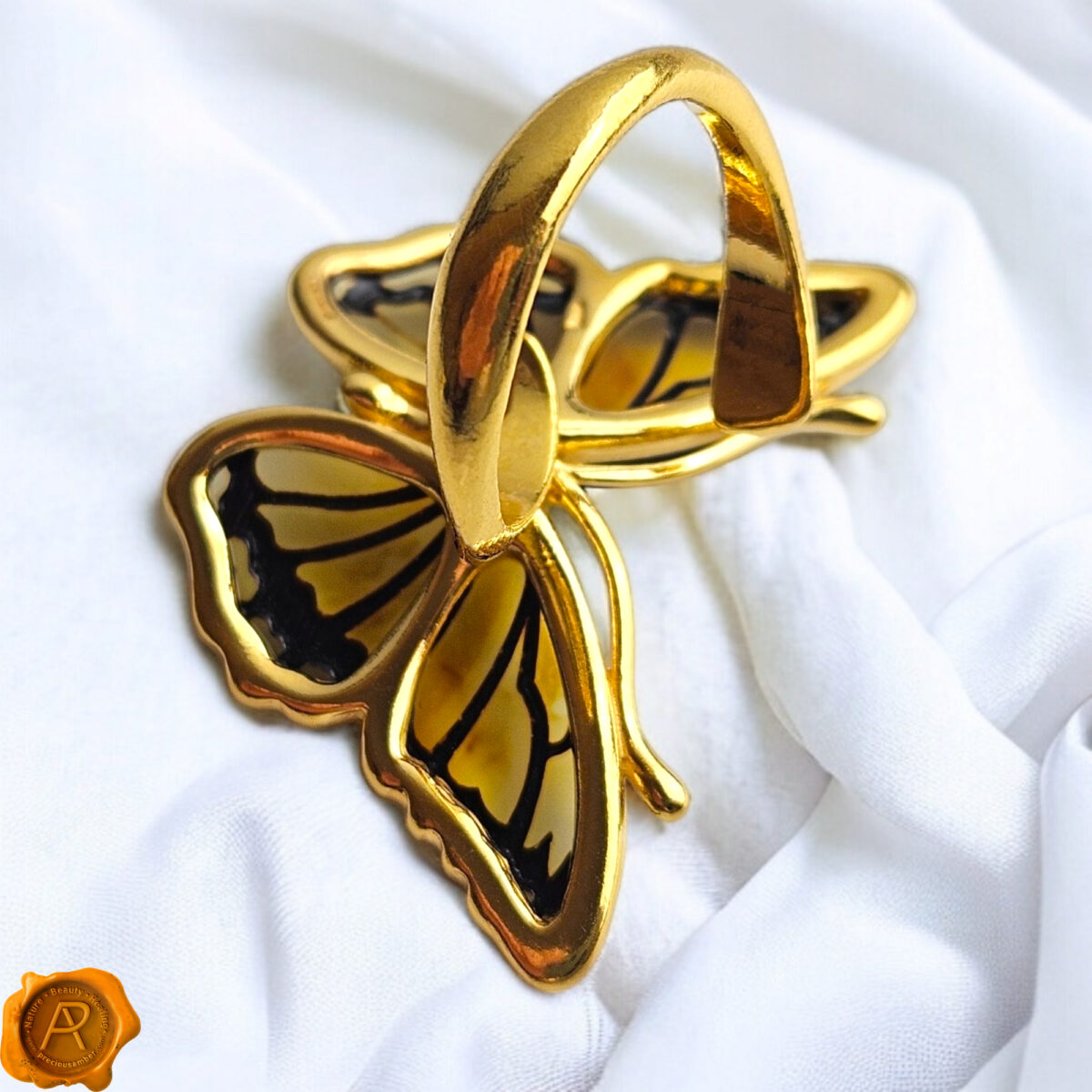 Adjustable Carved Amber Butterfly Ring - Image 4