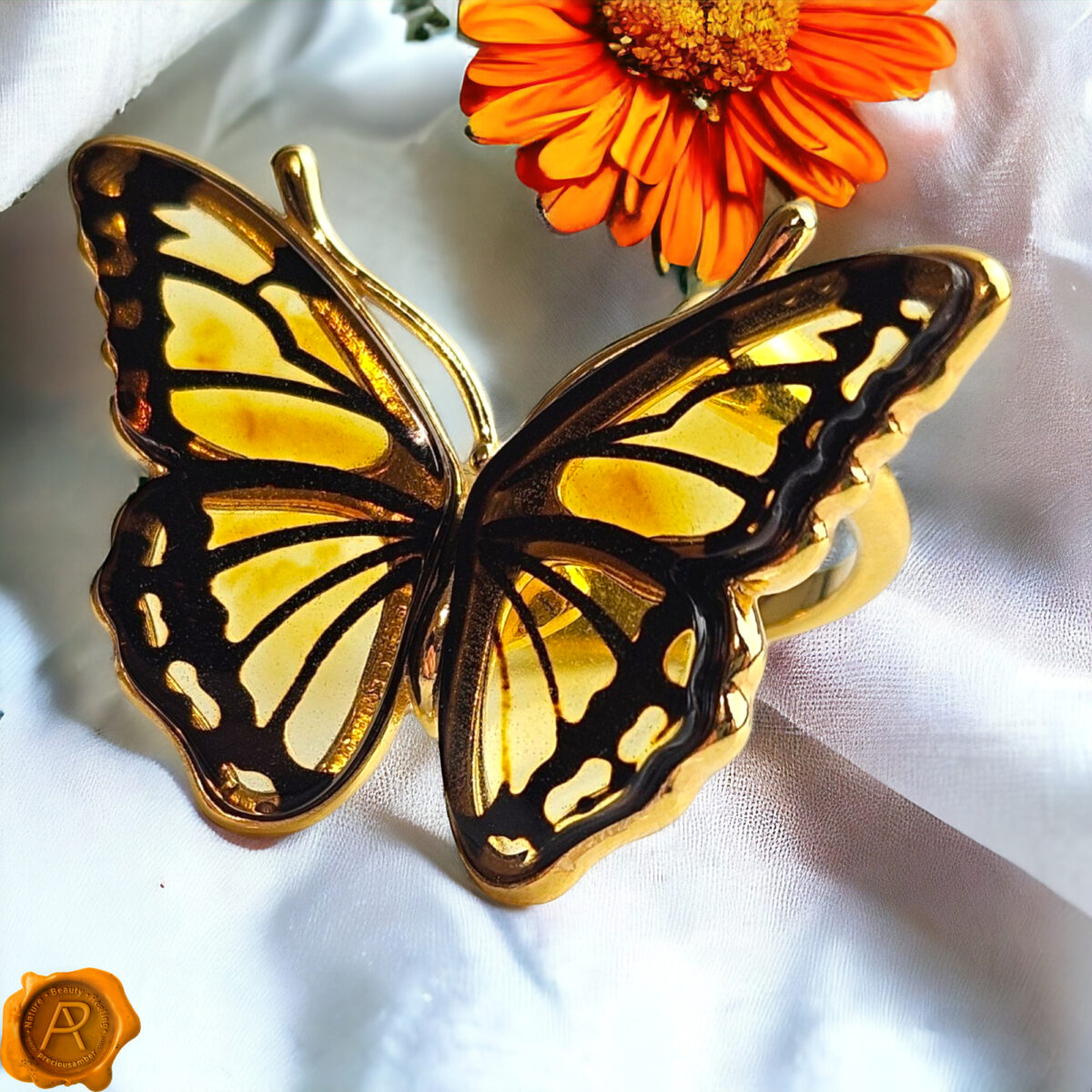 Adjustable Carved Amber Butterfly Ring - Image 1