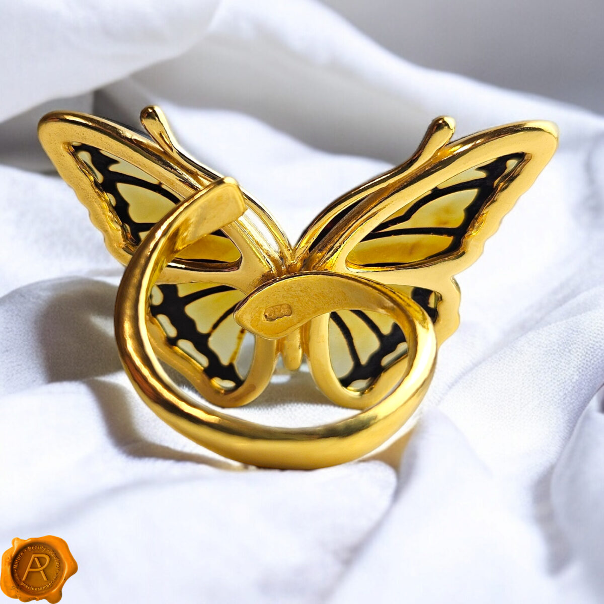 Adjustable Carved Amber Butterfly Ring - Image 5